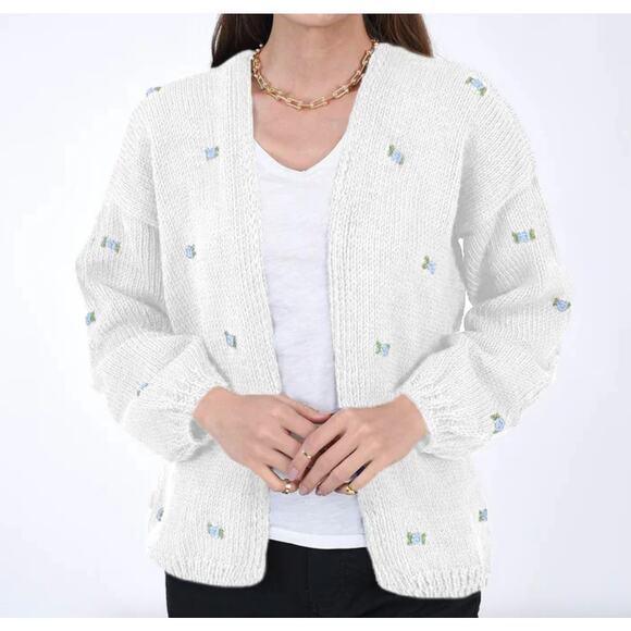 Fanm Mon Hand Knit Blue Rose Cardigan Cotton Sweater | Womens M L NEW - Picture 2 of 15